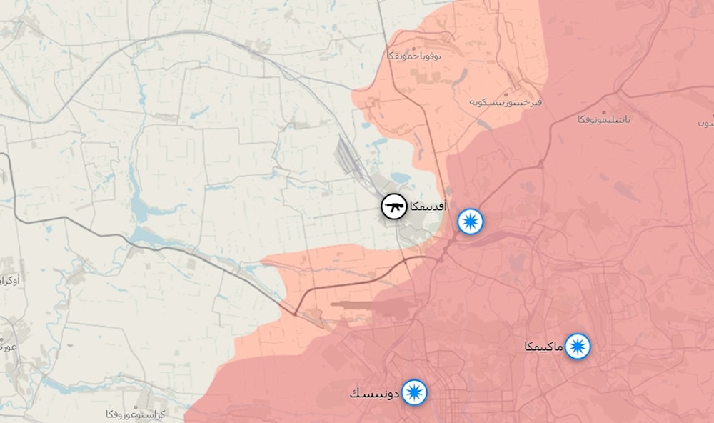 خريطة أدفييفكا ونطاق سيطرة كل من القوات الروسية والأوكرانية حتى آخر تحديث (المصدر سبوتنيك)