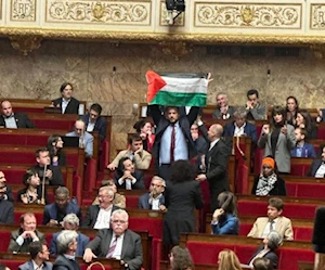 النائب الفرنسي من حزب "فرنسا الأبية" اليساري سباستيان ديلوغو خلال رفعه العلم الفلسطيني في البرلمان في 28 أيار/مايو النائب الفرنسي من حزب "فرنسا الأبية" اليساري سباستيان ديلوغو خلال رفعه العلم الفلسطيني في البرلمان في 28 أيار/مايو