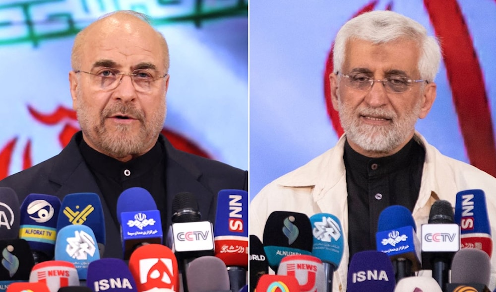 المرشحان للانتخابات الرئاسية سعيد جليلي (يمين) ومحمد باقر قاليباف (شمال)