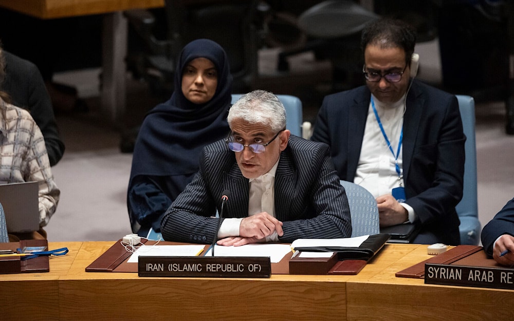 سفير إيران لدى الأمم المتحدة أمير سعيد إرافاني يلقي كلمة أمام في مجلس الأمن (14-04-2024)