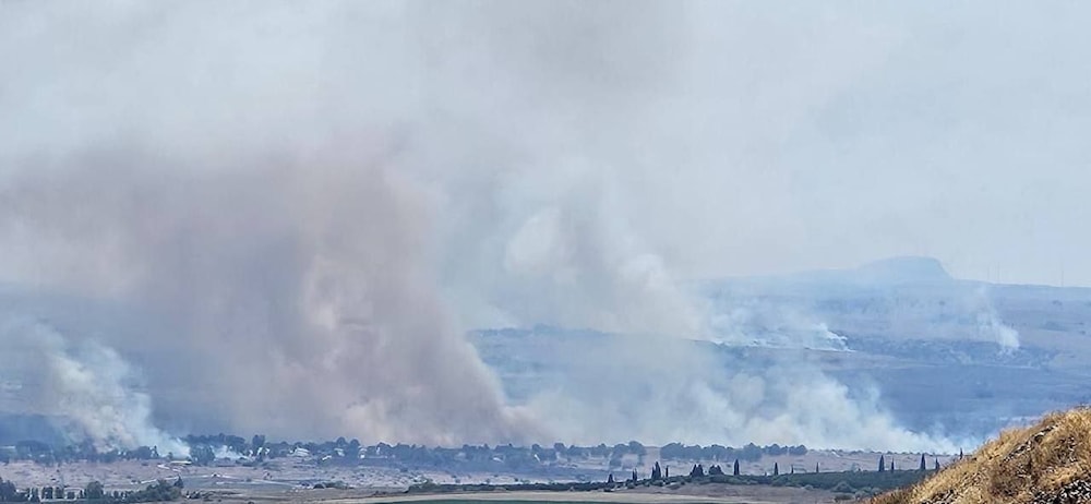 اندلاع الحرائق في الجولان المحتل نتيجة استهدافات حزب الله لشمال فلسطين المحتلة من لبنان (تواصل اجتماعي)