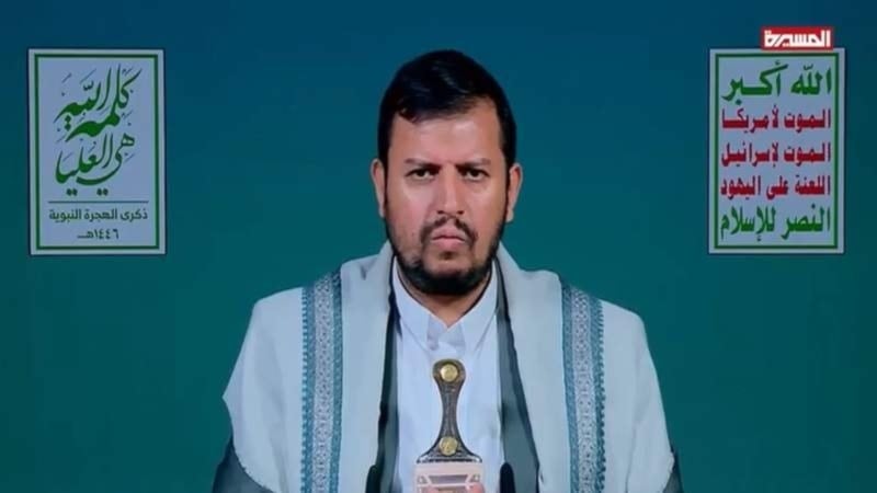 السيد عبد الملك الحوثي أثناء إلقاء كلمته اليوم (وسائل إعلام يمنية)