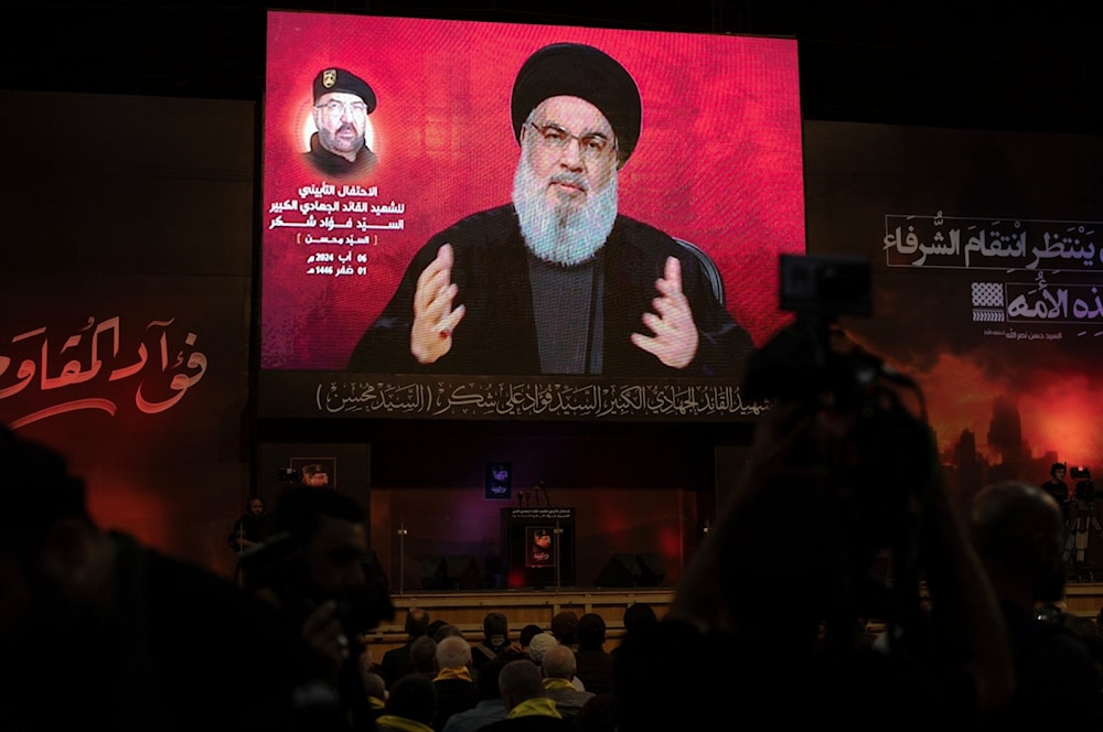 الأمين العام لحزب الله، السيد حسن نصر الله، خلال الاحتفال التكريمي للقائد الجهادي الكبير، الشهيد فؤاد شكر - 6 آب/أغسطس 2024 (رويترز)