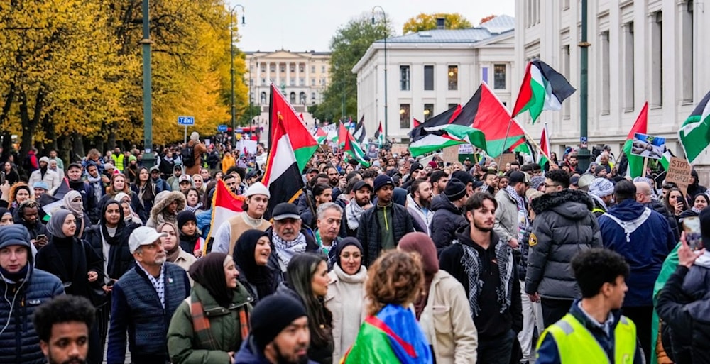 تظاهرة داعمة لفلسطين مطالبة بوقف العدوان الإسرائيلي أمام وزارة الخارجية في أوسلو (وكالات)