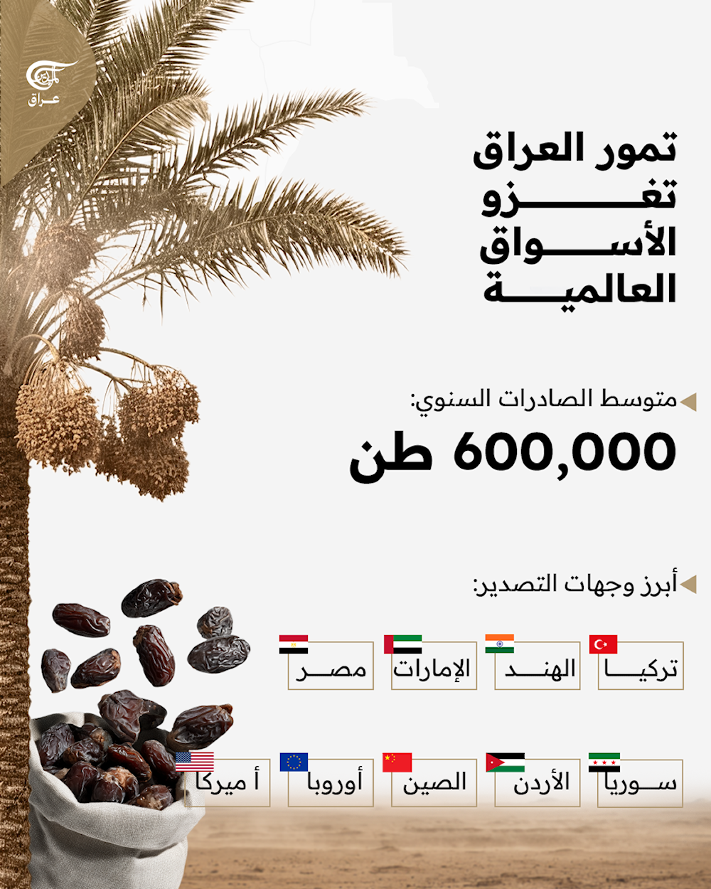  بأكثر من 100 ألف طن، الصويرة أولى مدن العراق في إنتاج التمور