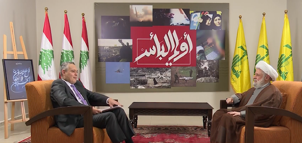 من مقابلة أمين عام حزب الله الشيخ نعيم قاسم مع قناة المنار في 26 تشرين الأول/أكتوبر 2025 (المنار)