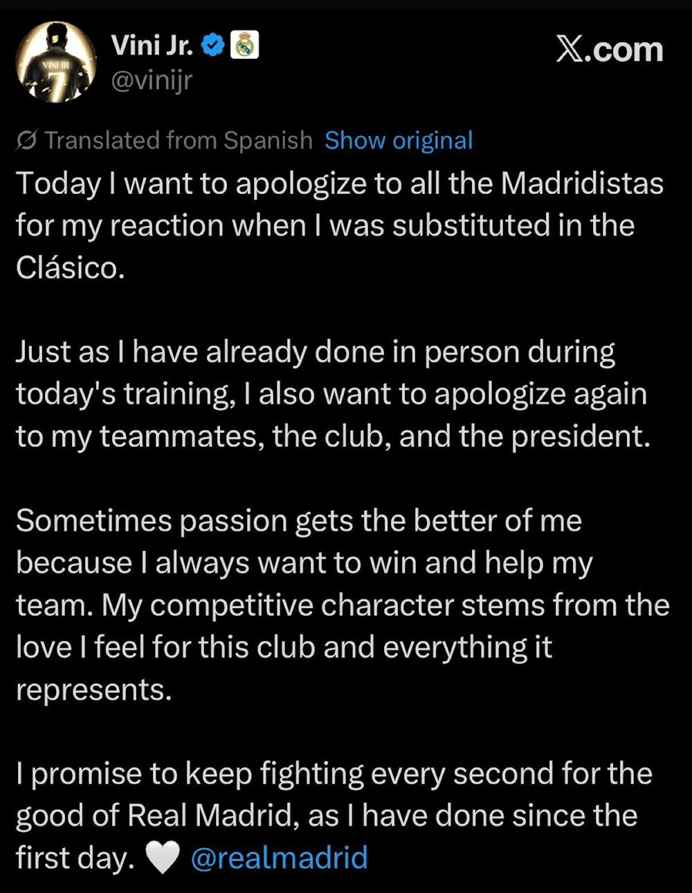 فينيسيوس يعتذر بعد الكلاسيكو: 