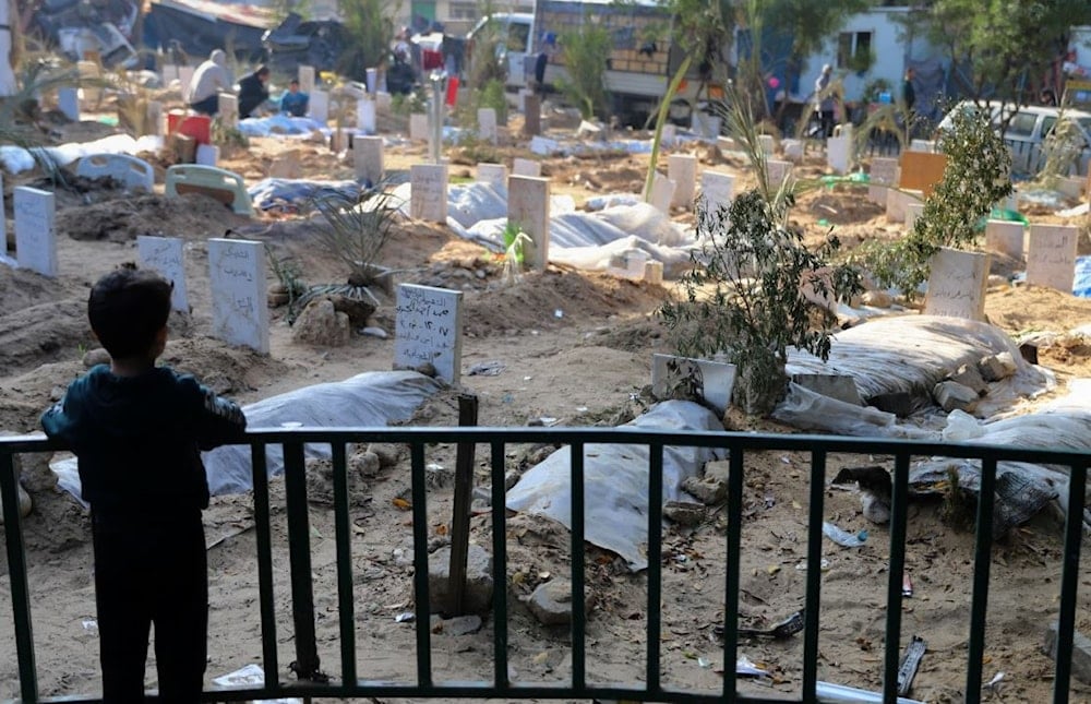 طفل فلسطيني ينظر إلى قبور شهداء القصف الإسرائيلي في غزة في 31 كانون الأول/ديسمبر 2023 (أ ب)