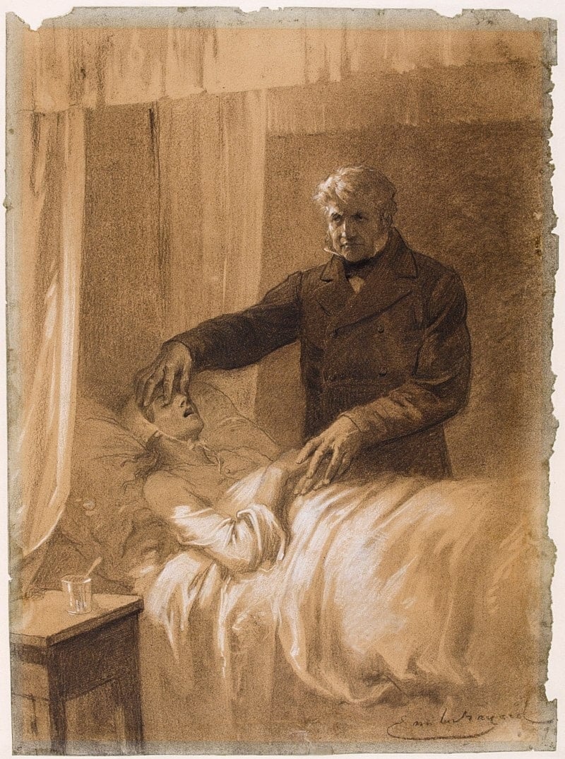 جان فالجان يغلق عيون فانتين، رسم لإميل بايارد، 1862