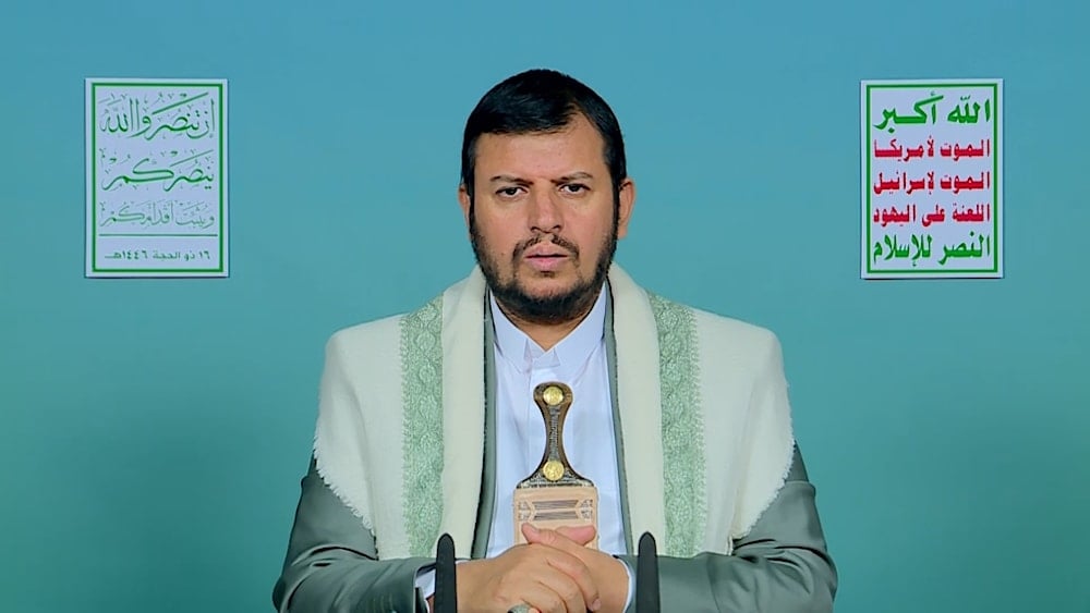 قائد حركة أنصار الله اليمنية، السيد عبد الملك الحوثي، خلال إلقائه كلمةً السبت