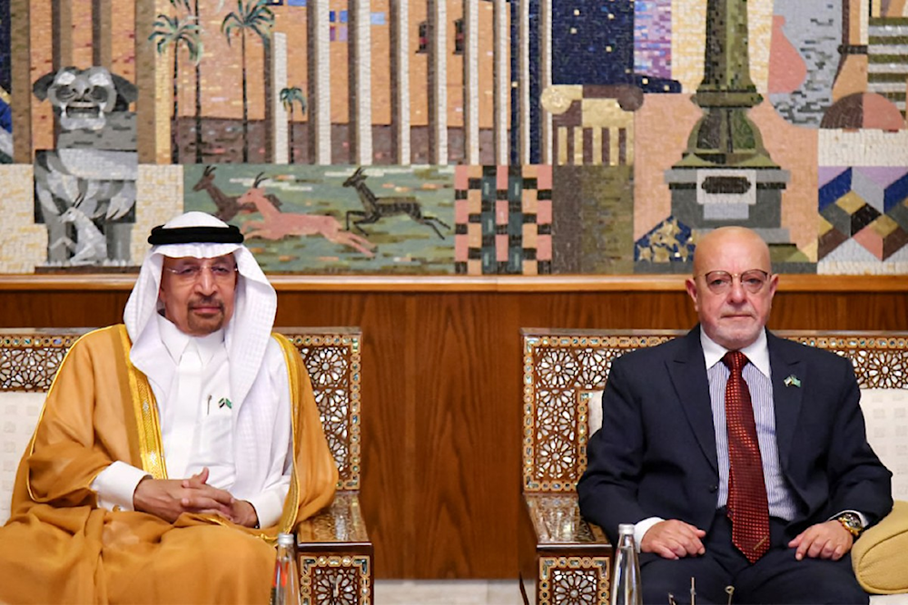 وزير الاستثمار السعودي خالد الفالح خلال استقباله في مطار دمشق (أ ف ب)