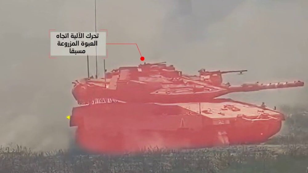 مشاهد من تفجير سرايا القدس عبوةً بآلية عسكرية إسرائيلية، شرقي خان يونس، جنوبي قطاع غزة (الإعلام الحربي)