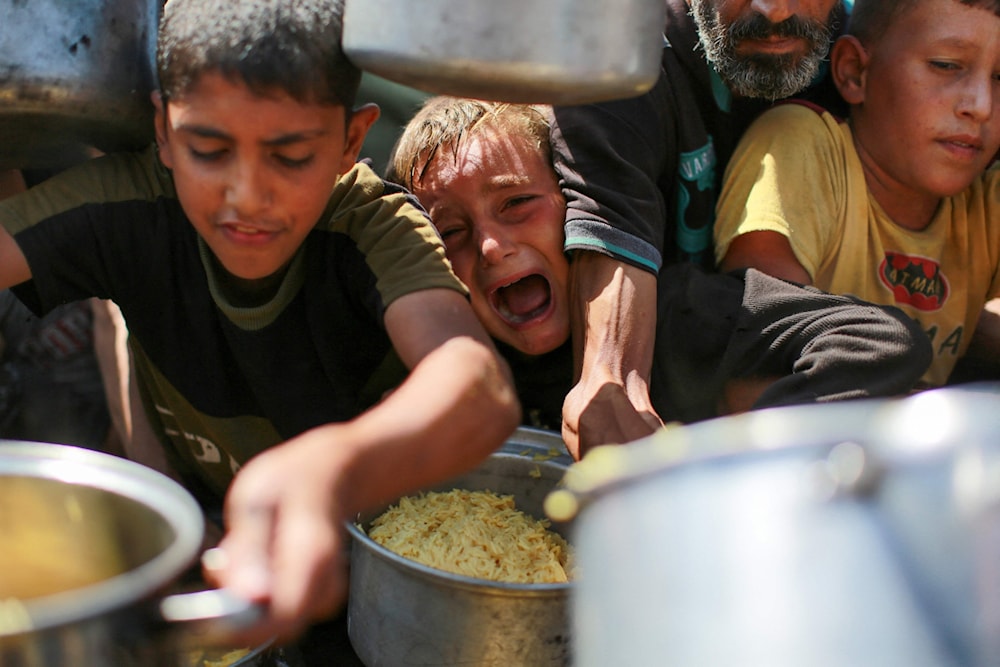 أطفال فلسطينيون يحاولون الحصول على طعام في غرب مدينة غزة (أ ف ب)