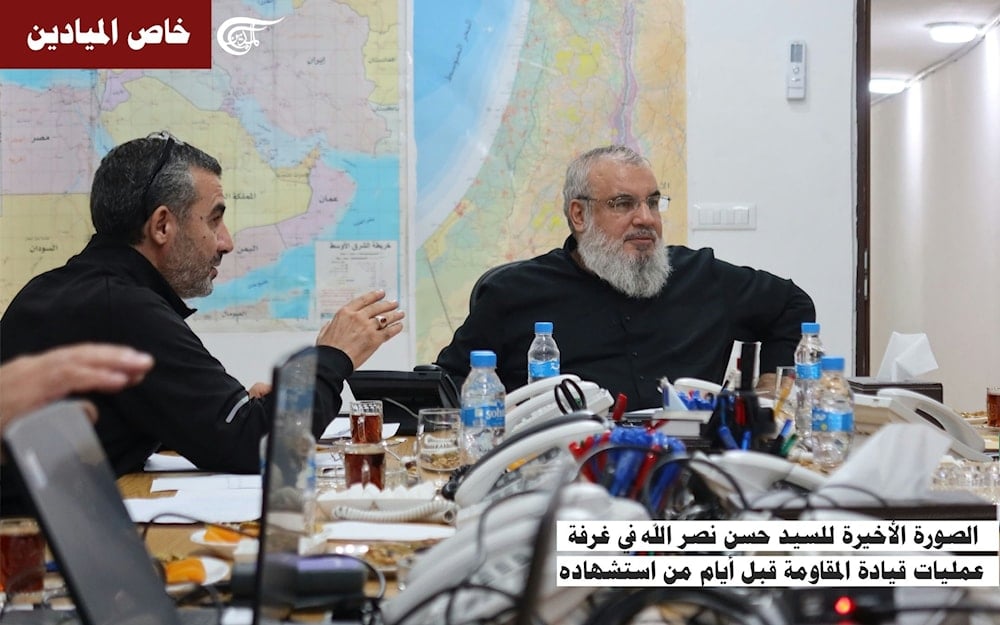 الصورة الأخيرة للشهيد السيد حسن نصر الله في غرفة عمليات قيادة المقاومة قبل أيام من استشهاده 