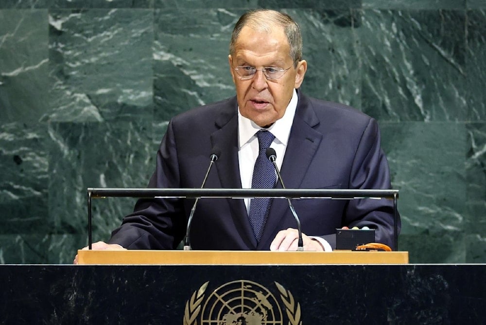 وزير الخارجية الروسي سيرغي لافروف في كلمته أمام الجمعية العامة للأمم المتحدة 27 أيلول/سبتمبر 2025 (أ ف ب)